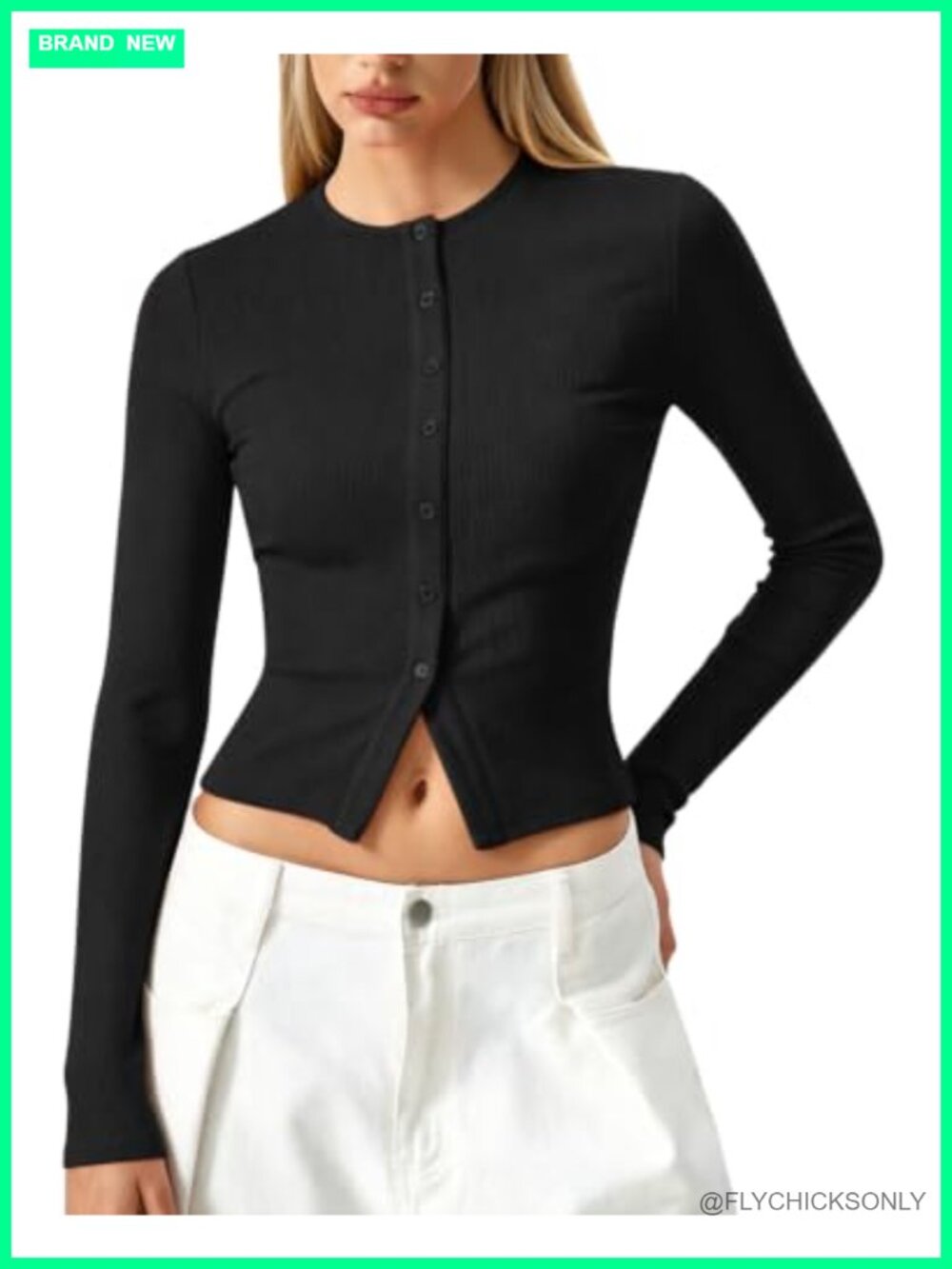 Ribbed Long Sleeve Button Crop Top Slim Fit Crewneck